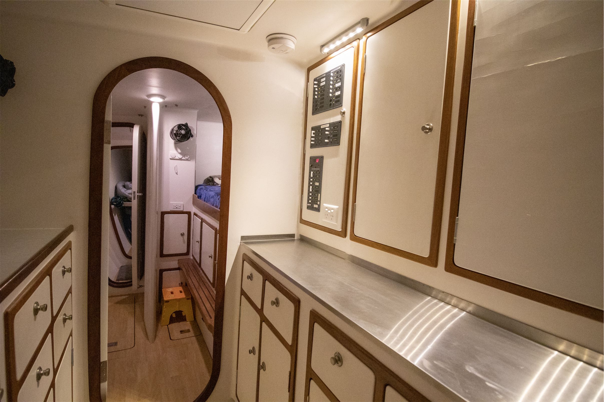  Workshop, looking forward in port hull 